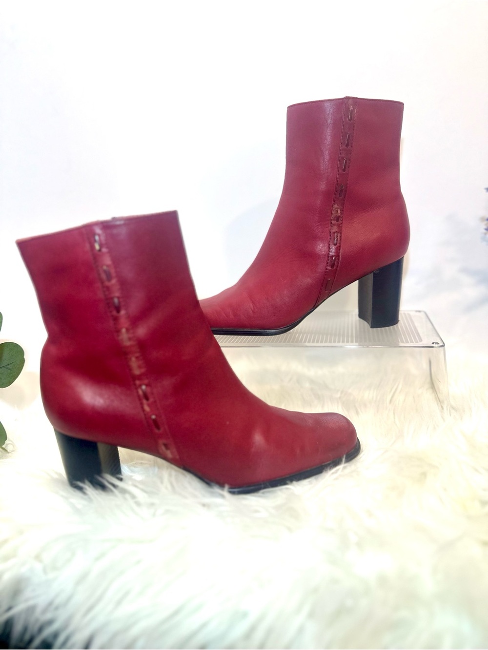 Worthington Dark Red Vintage Leather Block Heel Ankle Boots Size 8